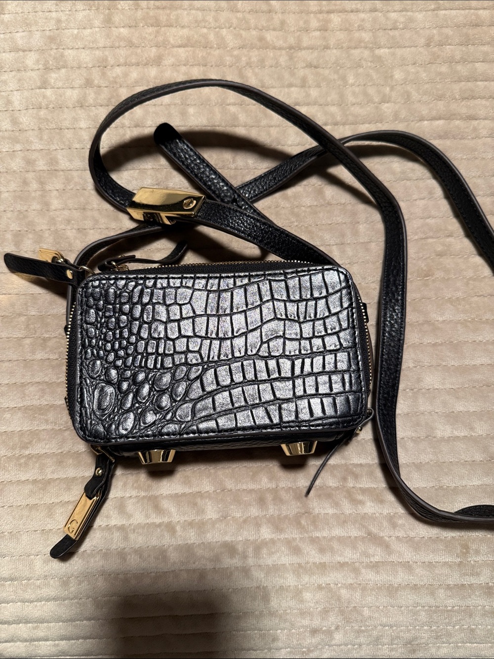 GILI Black Leather Croc Embossed Small Crossbody Bag